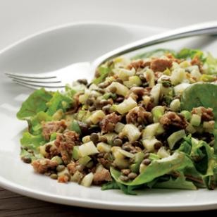 Warm lentil salad with sausage & apple