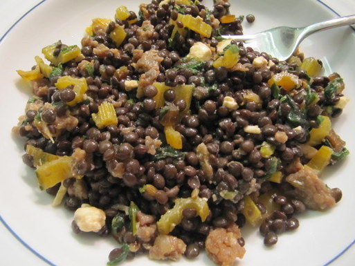 Warm lentil salad with Swiss chard, feta and red wine-black pepper vinaigrette