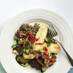 Warm lentils with fried haloumi and zucchini