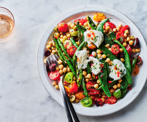 Warm mixed bean, chickpea and mozzarella salad