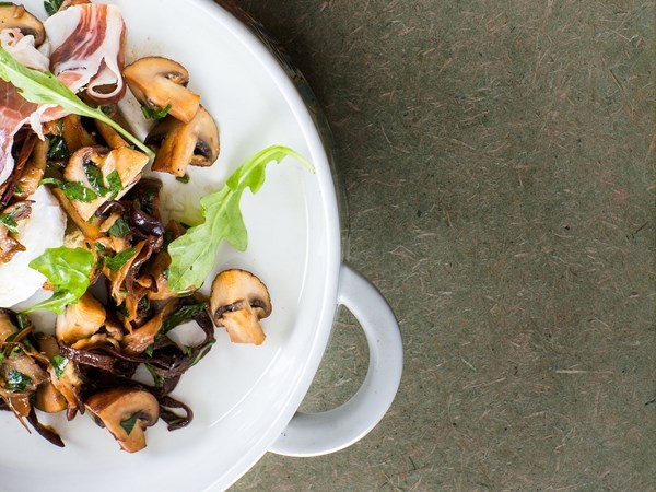 Warm mixed mushroom salad with rocket & mozzarella on toasted ciabatta
