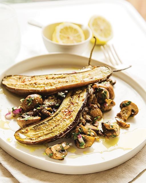 Warm mushroom and lemon salad with chili-baked eggplant