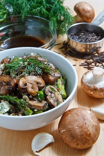 Warm mushroom, roasted asparagus and wild rice salad with feta