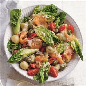 Warm new potato salad with smoked salmon and caperberries