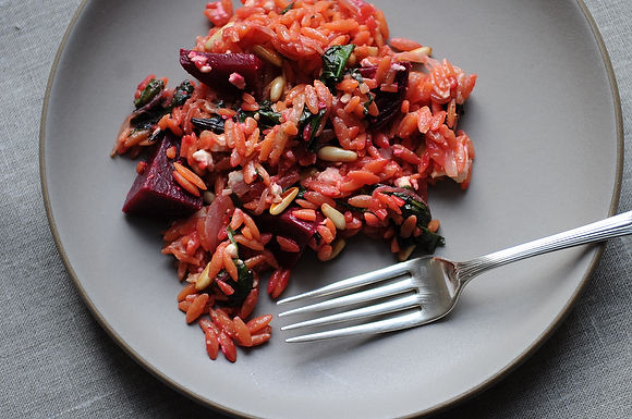Warm orzo salad with beets & greens