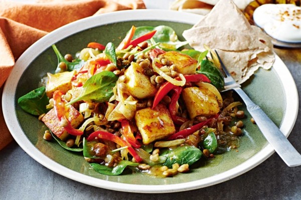 Warm paneer & lentil salad with chutney dressing