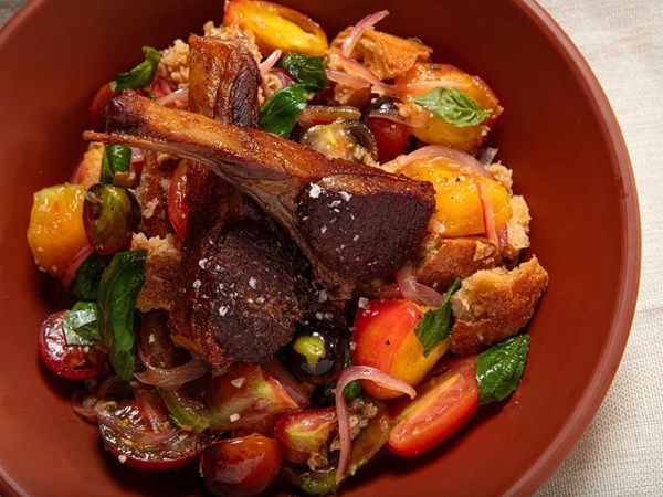 Warm panzanella salad with lamb chops