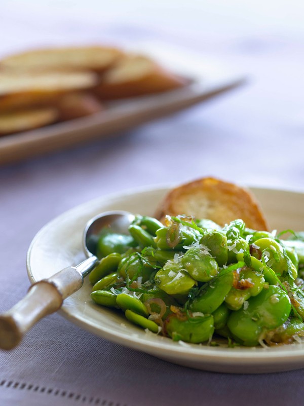 Warm Parmesan fava beans with shallots and mint
