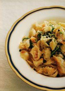 Warm pasta & crab salad with chilli & wild rocket