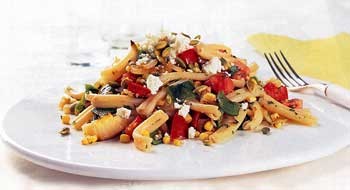 Warm pasta salad with roasted corn and poblanos