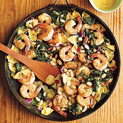 Warm pasta salad with shrimp