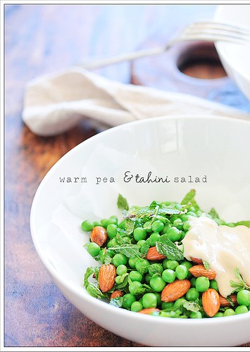 Warm pea and tahini salad