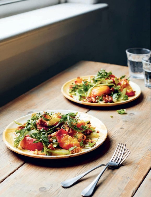 Warm peach & basil salad