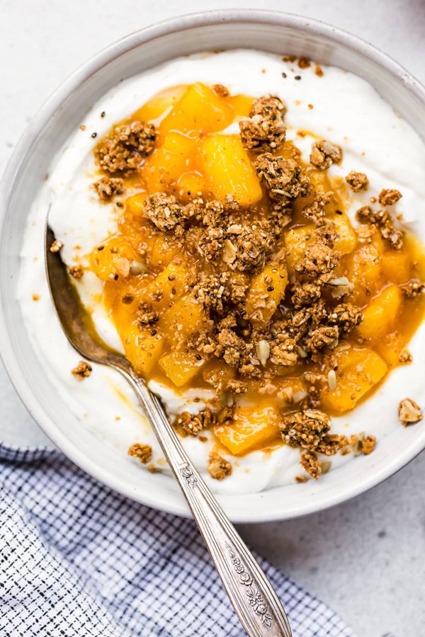 Warm peach crisp yogurt bowl 