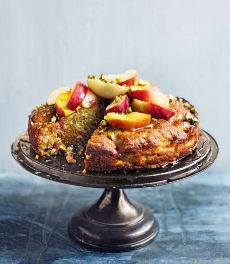Warm peach, pistachio and honey cake