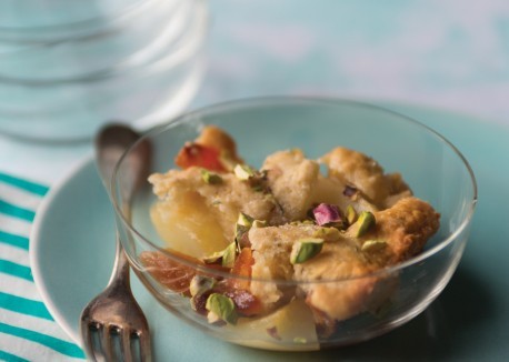 Warm pear-pistachio cobbler