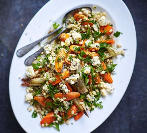 Warm pearl barley & roasted carrot salad with dill vinaigrette