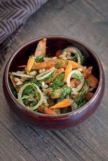Warm pearl barley & roasted carrot with pickled shallots & dill vinaigrette
