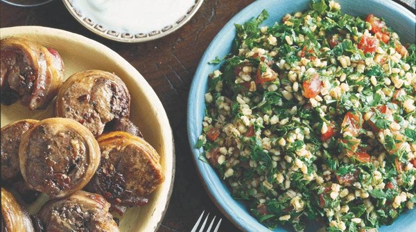 Warm pearl barley salad with lamb and olives
