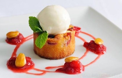 Warm plum clafoutis with crème fraiche sorbet