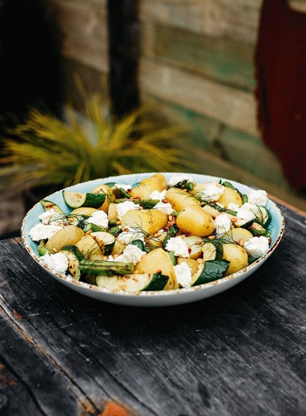 Warm potato and charred vege salad