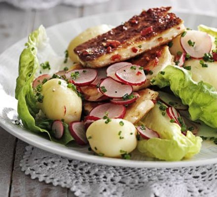 Warm potato, radish & halloumi salad