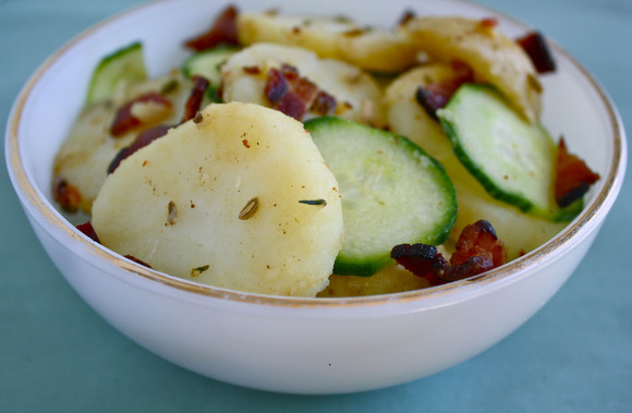 Warm potato salad with bacon and fennel
