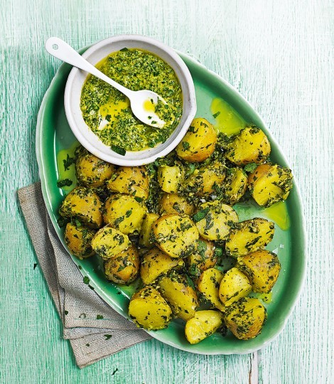 Warm potato salad with green tahini and herb dressing
