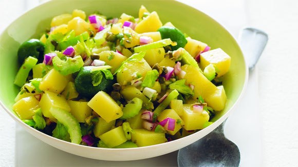 Warm potato salad with green olive vinaigrette