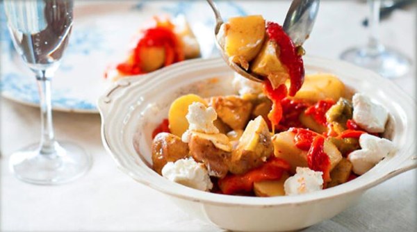 Warm potato salad with paprika, roast capsicum and goat's curd