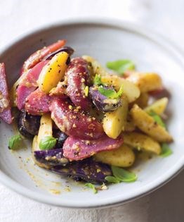 Warm potato salad with pistachio butter dressing
