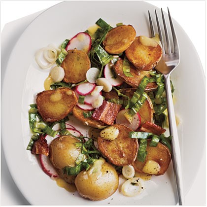 Warm potato salad with ramps and bacon