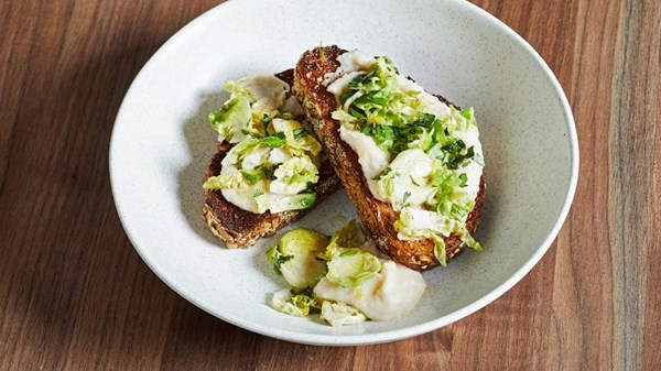 Warm pureed beans with olive oil and lemony Brussels sprouts