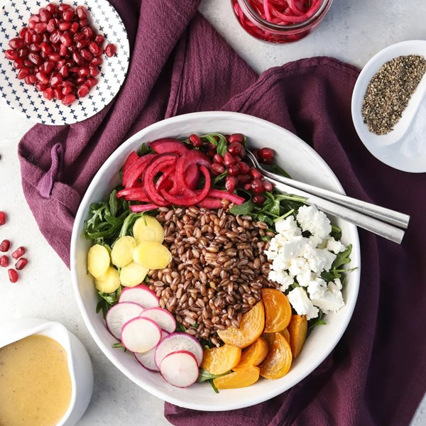 Warm purple barley grain bowl with roasted beets