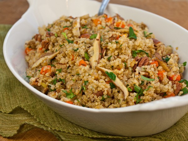 Warm quinoa pilaf salad with shiitake mushrooms, carrots & pecans