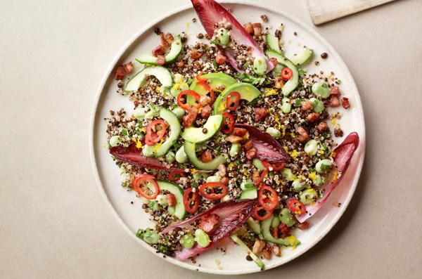 Warm quinoa salad with avocado & pancetta