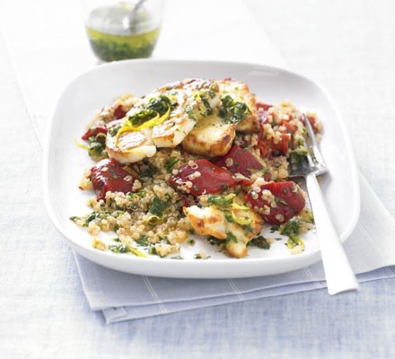 Warm quinoa salad with grilled halloumi