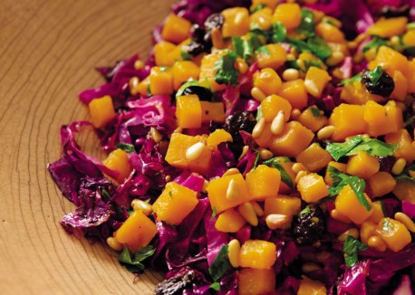 Warm red cabbage salad with sweet potatoes