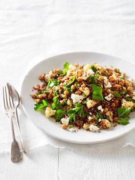 Warm roast cauliflower, chickpea and quinoa salad