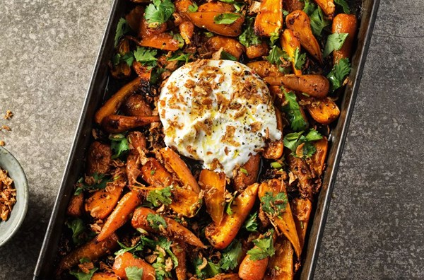 Warm roast spiced carrot & coriander salad with burrata