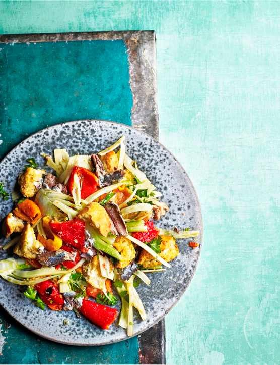 Warm roasted pepper, sardine & ciabatta salad