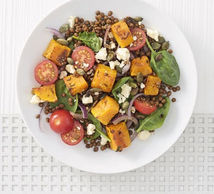 Warm roasted squash & Puy lentil salad