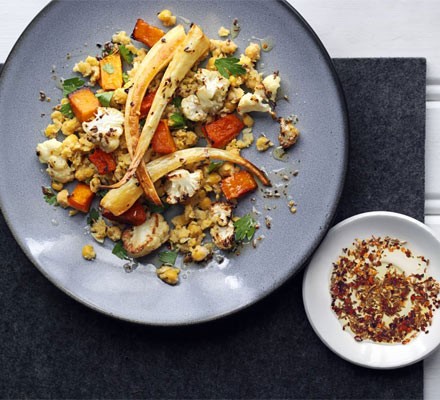 Warm roasted veg with spiced crushed chickpeas