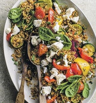Warm roasted vegetable & tapenade bulgur wheat salad