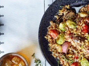 Warm roasted vegetable and mixed grain salad [creamy thyme dressing]