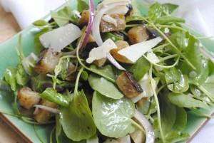 Warm roasted vegetable salad with watercress, pecorino, and sherry vinaigrette
