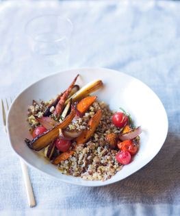 Warm root vegetable & grain salad with maple syrup & cumin dressing