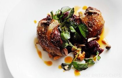 Warm salad of Alresford wood pigeon with caramelised walnuts and beetroot compote