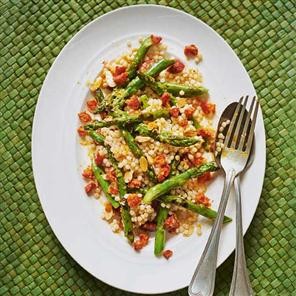 Warm salad of asparagus, giant couscous and chorizo
