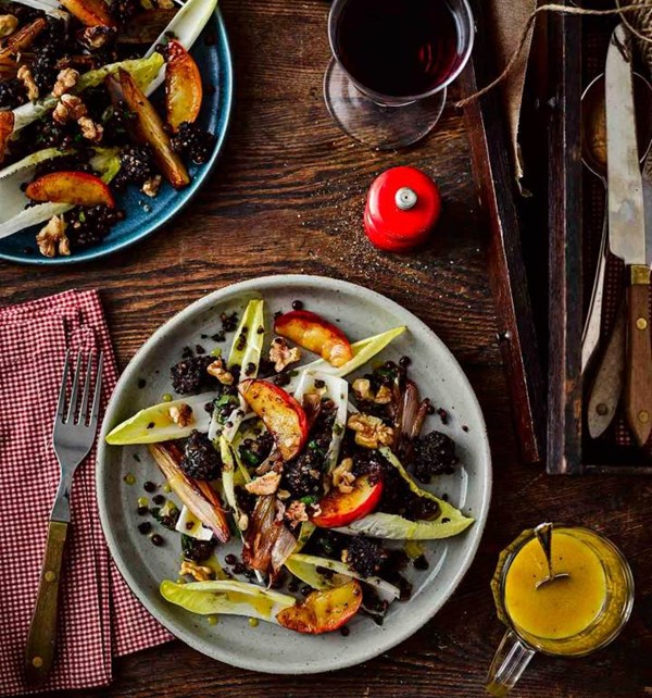 Warm salad of black pudding, lentils and caramelised apples